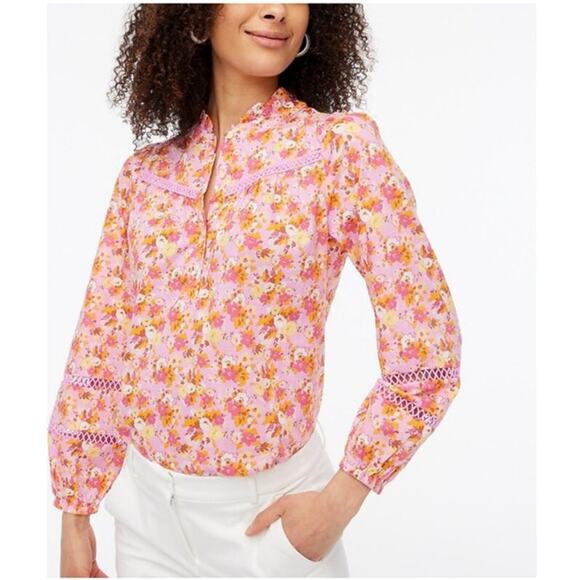 J. Crew Floral Ruffleneck Shirt Blouse Pink and Orange Size XXS - Picture 1 of 12